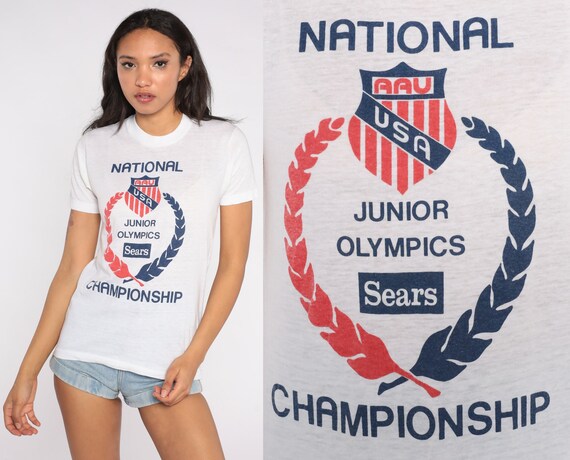 Junior Olympics Shirt 80s Sears National Championship Tshirt Single Stitch Summer Sports 1980s Graphic Tee USA White Vintage T Shirt Small S