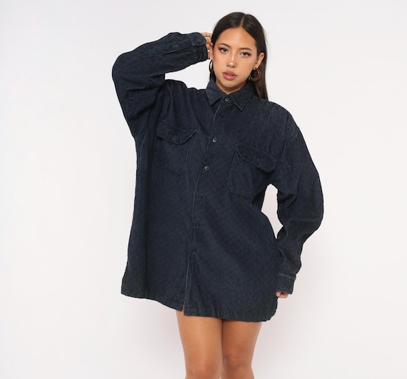 90s Corduroy Shirt Blue Button Front Cotton Long Sleeve Collared Work Wear Dark Academia Grunge Flannel Alternative Grunge Winter Large L