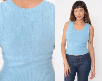 70s Sweater Vest Baby Blue Chevron Zig Zag Knit Tank Top Sleeveless Ribbed Pullover Boho Scoop Neck Preppy Vintage 1970s Extra Small xs