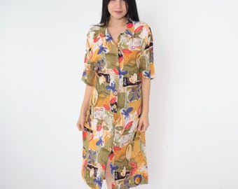 90s Abstract Floral Dress Button Up Grunge Midi 1990s Shirtdress Shift Dress Bohemian Short Sleeve Olive Green Yellow Large L