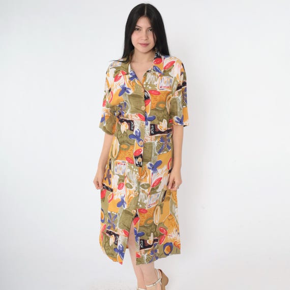 90s Abstract Floral Dress Button Up Grunge Midi 1990s Shirtdress Shift Dress Bohemian Short Sleeve Olive Green Yellow Large L