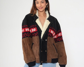 Suede Sherpa Jacket 90s Brown Leather Jacket Nordic Snowflake Fair Isle Boho Faux Shearling Coat Hippie 1990s Vintage Black Men's Large