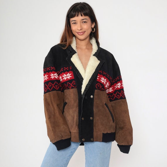 Suede Sherpa Jacket 90s Brown Leather Jacket Nordic Snowflake Fair Isle Boho Faux Shearling Coat Hippie 1990s Vintage Black Men's Large
