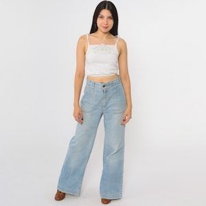 70s Wide Leg Jeans Faded Blue Flared Denim Bell Bottom Pants High Waisted Rise Bellbottoms Retro Hippie Smooth Back Vintage 1970s Small S