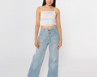 70s Wide Leg Jeans Faded Blue Flared Denim Bell Bottom Pants High Waisted Rise Bellbottoms Retro Hippie Smooth Back Vintage 1970s Small S