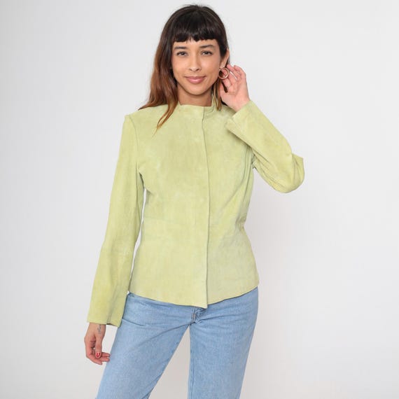 Leather Blazer Y2K Lime Green Collarless Snap Front Vintage Fitted Structured Jacket Statement Piece Millennium Fashion Suede Medium M