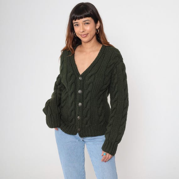 Olive Green Sweater 70s Cable Knit Grandma Cardigan Sweater Wool Sweater 1970s Knit Fall Sweater Button Up Sweater Vintage Grandpa Medium