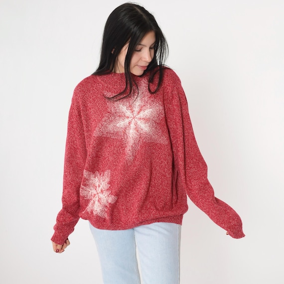 Vintage Beaded Snowflake Sweater 90s Red Knit Pullover Sweater Mock Neck Christmas Jumper Sparkly Holiday Knitwear 1990s Medium Large