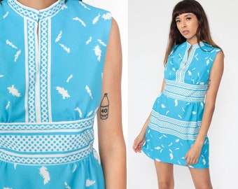 Feather Print Babydoll Dress 60s Mod Mini Dress Empire Waist 70s Boho Hippie Blue Vintage Gogo Twiggy Sleeveless Small