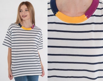 Striped T-Shirt 90s Ringer Tee White Navy Blue Shirt Yellow Magenta Crewneck Retro Short Sleeve Top Single Stitch Vintage 1990s Men's Small