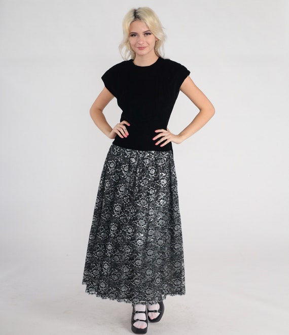 Velvet Lace Dress 80s Party Dress Black Metallic Floral Maxi Dress Drop Waist Cap Sleeve Bow Ankle Length Goth Cocktail Vintage 1980s Small