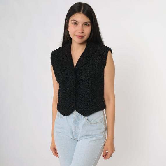 60s Fur Vest Persian Lamb Fur Black Textured Sleeveless Jacket Mod Cropped Vest V-Neck Statement Glamour Designer Chic Evening Small S