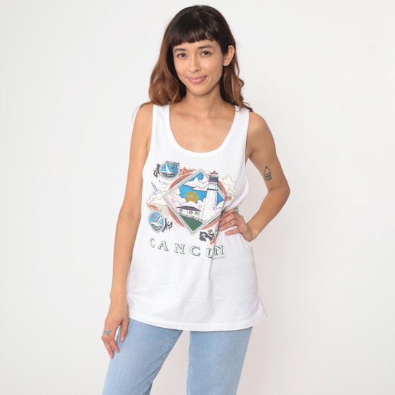 White Cancun Tank Top 90s Mexico Lighthouse Graphic Sailboat Ocean Scene Vintage Travel Souvenir Cotton Large L