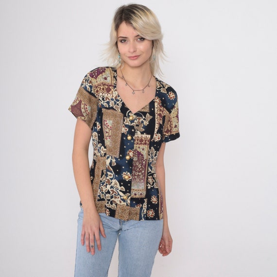 Patchwork Floral Blouse 90s Abstract Button Up Shirt Short Sleeve Top Collarless Bohemian Navy Blue Tan Princess Seam Vintage 1990s Small S