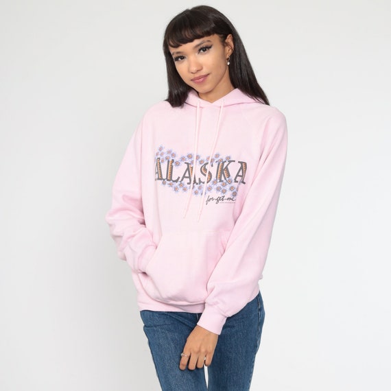 Alaska Hoodie Sweatshirt 90s Pink Floral Forget Me Not Hooded Sweatshirt Hood Graphic 1990s Sweatshirt Vintage