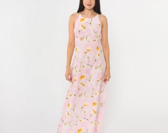 90s Pink Floral Dress Spaghetti Strap Summer Dress Maxi Sundress 1990s Keyhole Back Lightweight Bohemian Vintage Boho Small Medium