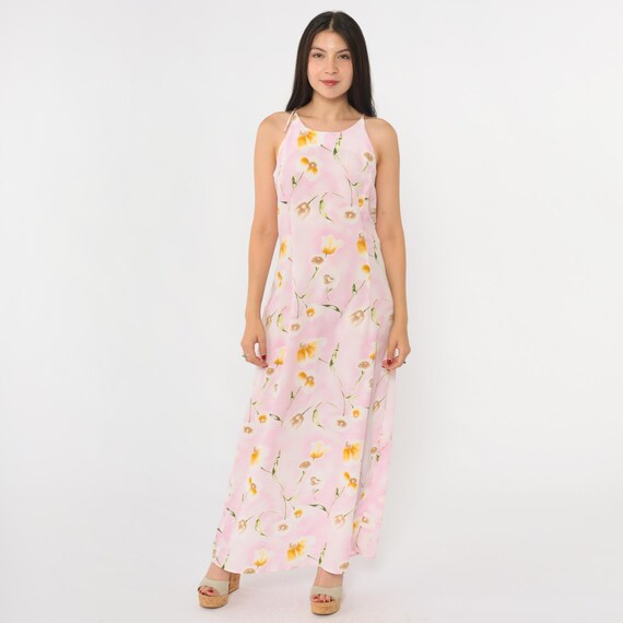90s Pink Floral Dress Spaghetti Strap Summer Dress Maxi Sundress 1990s Keyhole Back Lightweight Bohemian Vintage Boho Small Medium