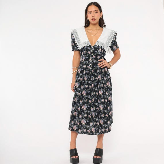 80s Lace Collar Floral Dress Navy Cotton Pink Paisley Print Prairie White V Neck Short Sleeve Cottagecore Feminine Vintage Summer Medium M