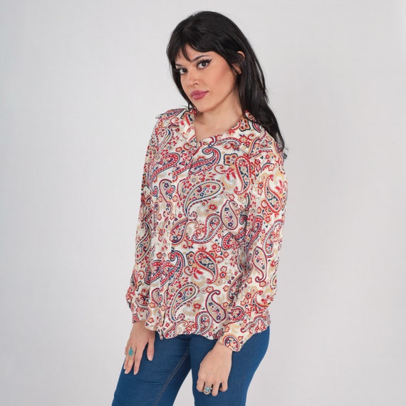 Paisley Floral Blouse 70s Button Up Disco Shirt Collared Psychedelic Top Groovy Retro Long Sleeve White Red Blue Tan Vintage 1970s Large L