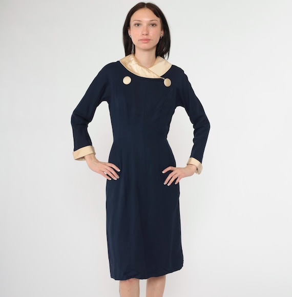 Vintage 1960s Navy Sheath Dress Satin Shawl Collar Midi Stewardess Mod Button Accent Long Sleeve 60s Pocket Formal Cocktail Small