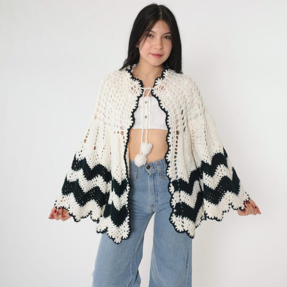 70s Chevron Crochet Cape Black White Knit Poncho Bohemian Pompom Ties Vintage Boho Hippie Shawl Scalloped Open Small Medium Large OS