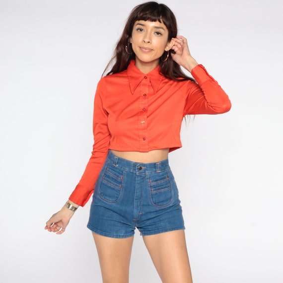 Orange Crop Top 70s Cropped Shirt Polyester Bohem… - image 3