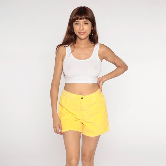 Yellow Corduroy Shorts Lemon Yellow 80s High Waist Button Front Patch Pocket Relaxed Fit Cotton 1980s Casual Summer Shorts Large L 14 16