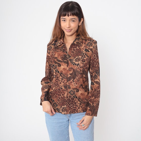 Y2K Leopard Jacket Blazer Brown Tan Paisley Floral Animal Print Zip Up Front Fitted Club Party Going Out 2000s Fashion Vintage Alt Small S