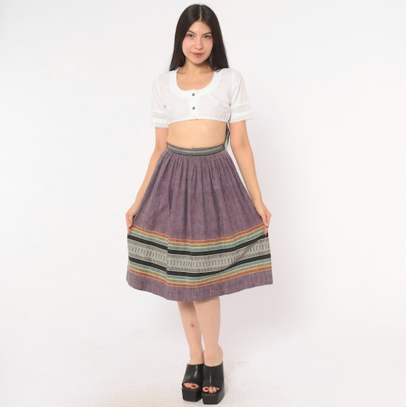 80s Woven Stripe Skirt Purple Gathered Waist Knee Length Folk Cotton Linen Blend Plum Multicolor Border Print Prairie Vintage Extra Small XS