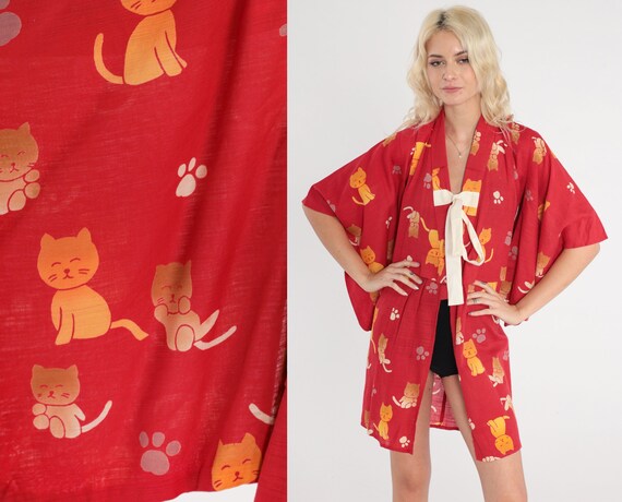 Cat Kimono Y2K Red Robe Jacket Tie Front Kitty Paw Print Boho Mini Japanese House Coat Short Kawaii Cute Kitten Vintage 00s Extra Small xs