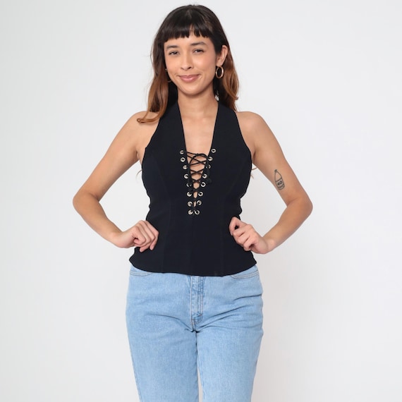 Y2K Black Corset Tank Top 00s Racerback Lace Up Shirt Retro Sleeveless Party Night Out Top Vintage Club Halter Top Small S