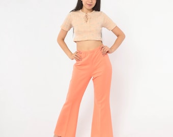 Peach Flare Pants 70s Bell Bottom Trousers Salmon Coral Wide Leg Disco Groovy Stretch Knit Vintage Orange Bootcut Slacks Womens Large L