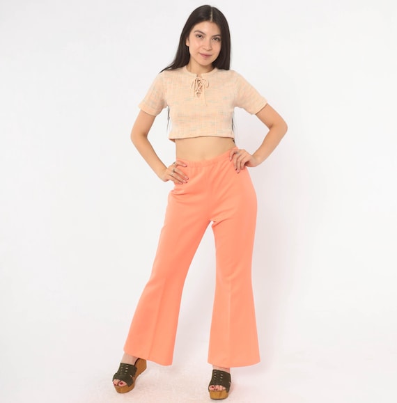 Peach Flare Pants 70s Bell Bottom Trousers Salmon Coral Wide Leg Disco Groovy Stretch Knit Vintage Orange Bootcut Slacks Womens Large L
