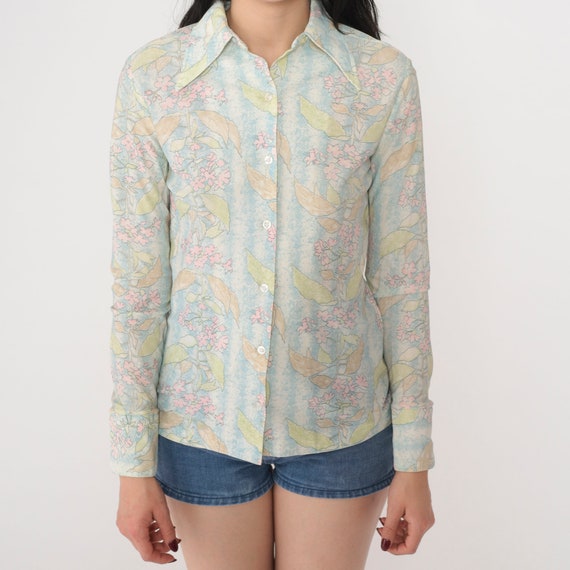 70s Floral Blouse Disco Shirt Button Up Top Dagge… - image 8