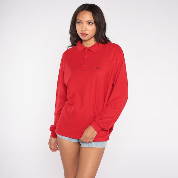 80s Red Polo LeTigre Shirt Long Sleeve Collar Athletic Vintage Sportswear Casual Preppy Layering Golf Tennis Uniform Classic Extra Large XL