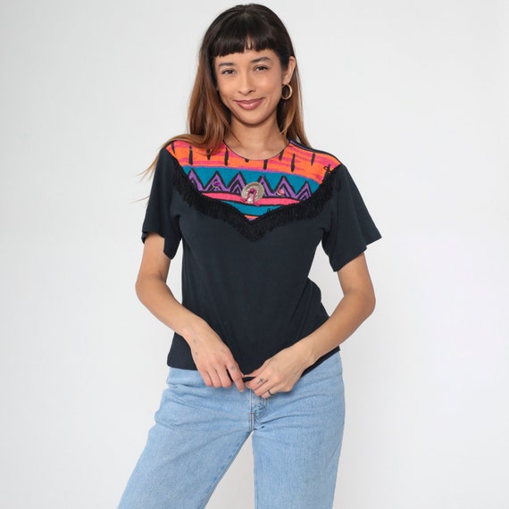 90s Southwest Fringe T Shirt Black Rhinestone Shirt Concho Southwestern Shirt Western Tshirt 1990s Vintage Orange Blue Geo Retro Tee Small