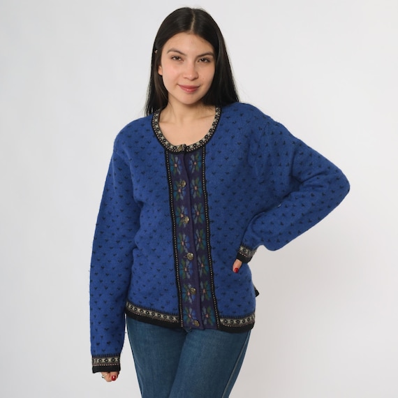 80s Nordic Cardigan Royal Blue Wool Jacquard Pattern Metallic Trim Tally Ho Winter Alpine Ski Lodge Fair Isle Scandinavian Large L