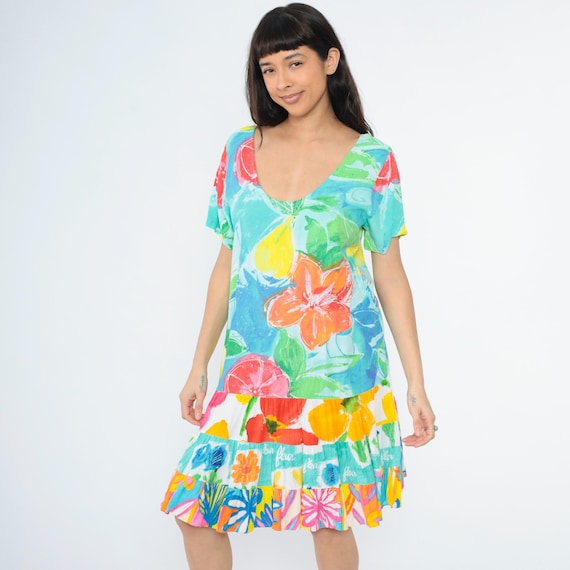 Jams World Tropical Print Dress Colorful Watercolor Floral Art Pattern Scoop Neck Short Sleeve Tiered Skirt Extra Large xl
