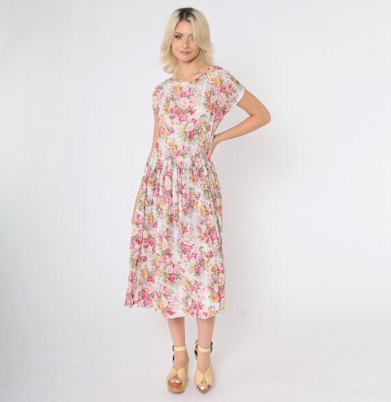 Vintage 90s Bila Floral Midi Dress Cottagecore Pink White Boho Hippie Rayon Short Sleeve High Waisted 1990s Romantic Retro Summer Medium M