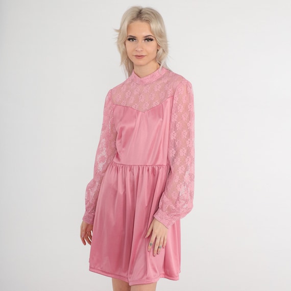 70s Victorian Dress Mini LACE Party Dress Grecian Pink Minidress Boho High Waist Bib Illusion Neckline Vintage 1970s Long Sleeve Medium