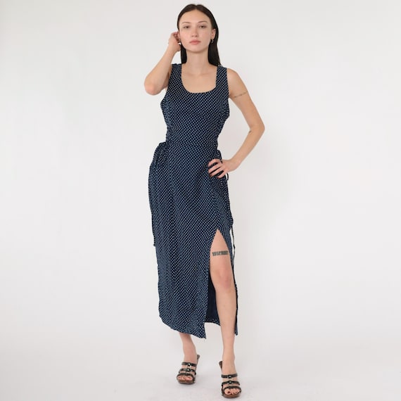 Vintage Navy Blue Polka Dot Dress 90s Sleeveless Side Slit Maxi Dress Scoop Neck 1990s Grunge Style with Tie Waist Medium