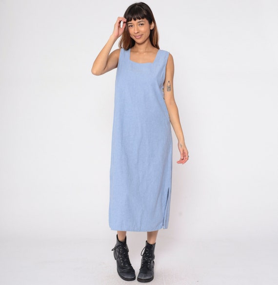 Denim Jumper Dress 90s Light Blue Jean Midi Dress Button Side Overall Dress Sleeveless Pinafore Casual Day Summer Vintage 1990s Medium M