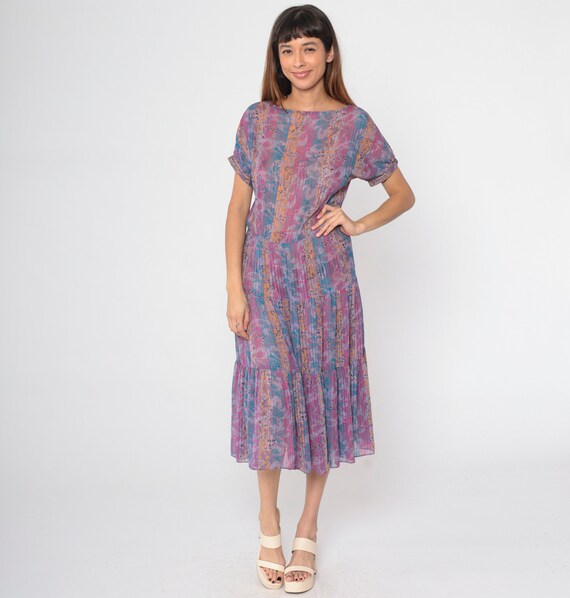 80s Floral Dress Sheer Striped Abstract Print Drop Waist Dress Tiered Midi Dress 1980s Short Sleeve See Through Purple Vintage Small