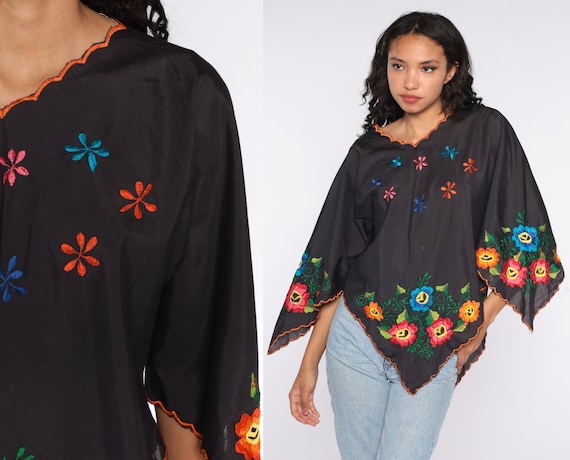 Embroidered Blouse BELL Sleeve Top Hippie Shirt Black Floral Shirt Boho Tunic Top Bohemian Vintage Festival Small Medium
