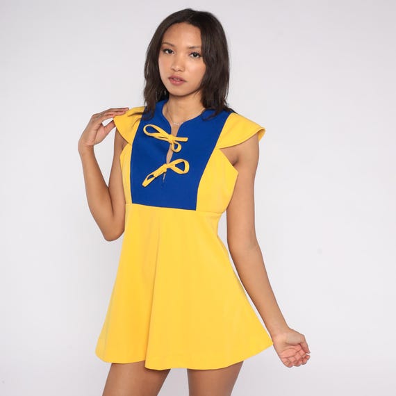 60s Mini Babydoll Space Age Lace Up Dress Yellow Blue Color Block Flutter Sleeve Go Go Vintage Scooter Girl Retro Alien Futuristic Small S 4