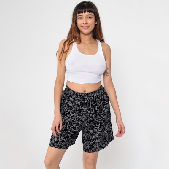 Black Polka Dot Shorts 90s Baggy High Waisted Retro Preppy Shorts Mid Length Vintage 1990s Elastic Waist Extra Small xs s