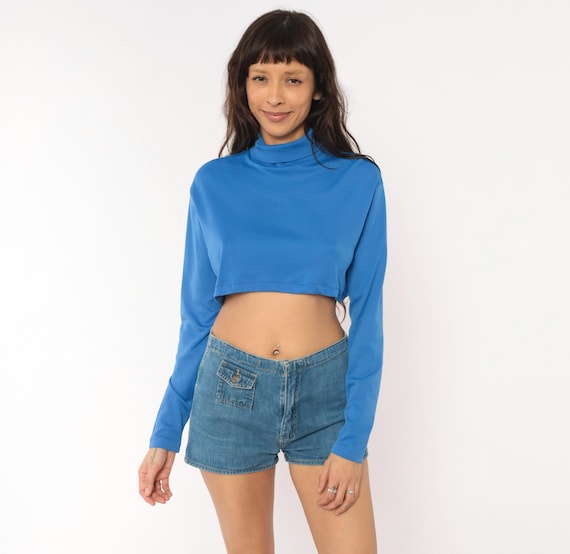70s Blue Crop Top Long Sleeve Turtleneck Cropped Blouse Cobalt Royal Back Zip Shirt Minimal Fitted Periwinkle Sky Vintage Womens Medium M