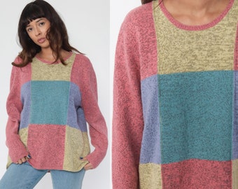 Wool Color Block Sweater 90s Sweater Pink Knit Sweater Pullover Knit Slouch 1990s Jumper Vintage Teal Large