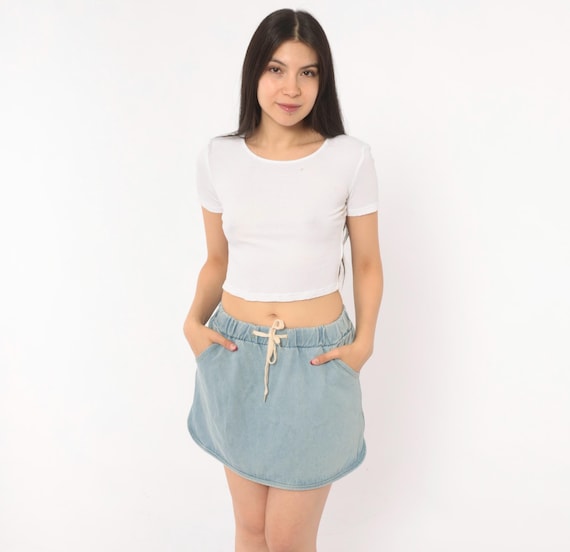 80s Denim Mini Skirt Light Wash Blue Elastic Waist Cotton Jean Side Pocket Curved Hem Casual Summer Sporty Pull On Beach Vintage Small S