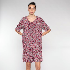 Red Floral Romper 90s Red Babydoll Playsuit Dress Retro Button Up Wide Leg Bohemian Short Sleeve Summer Casual Vintage 1990s Rayon Large L